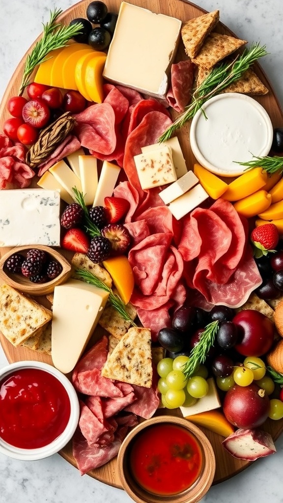 A festive food board with cheeses, meats, fruits, and sweets for a Christmas party.